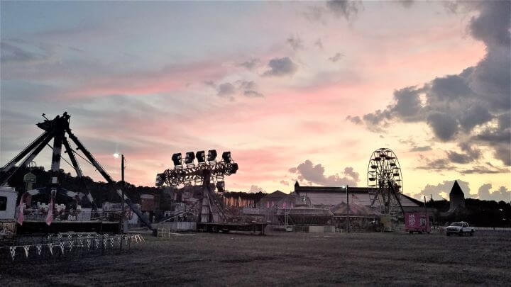 Deserted fairgrounds at dusk.